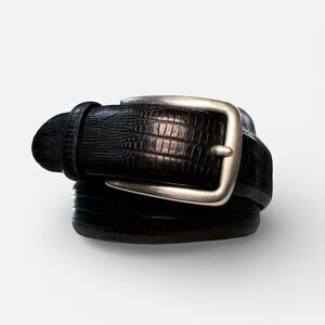 Roundtree & Yorke Black Crocodile-Embossed Italian Calfskin Solid Brass Belt
